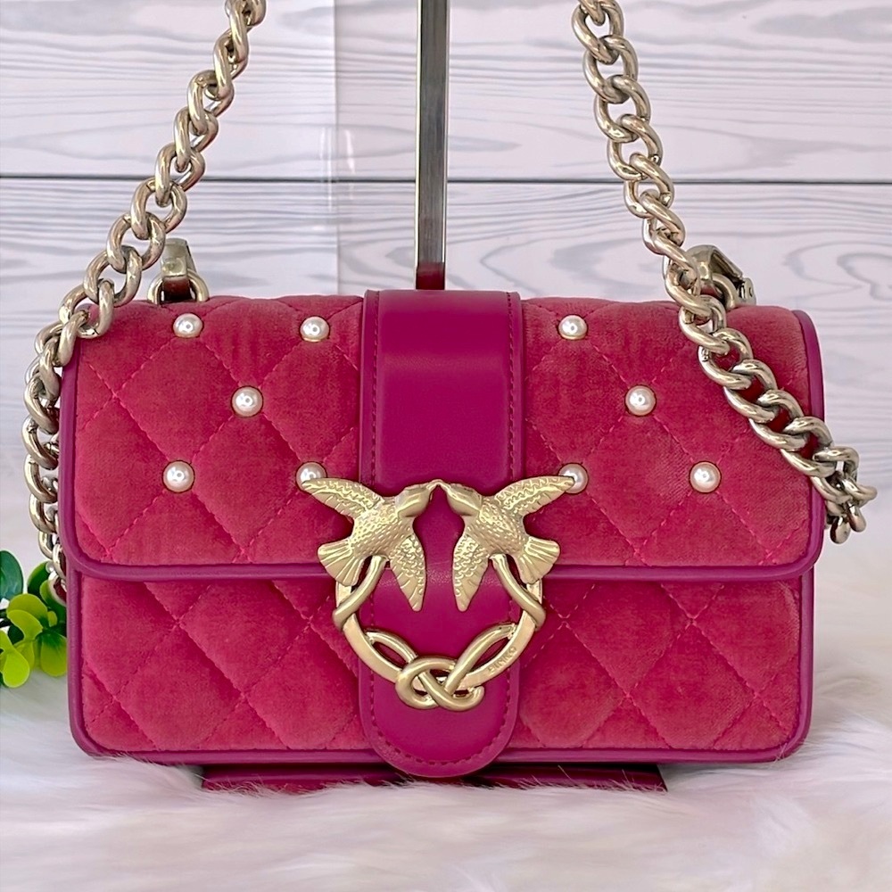 Pinko Quilted Velvet & Leather Love Bag with Chain Strap - Picture 4 of 17